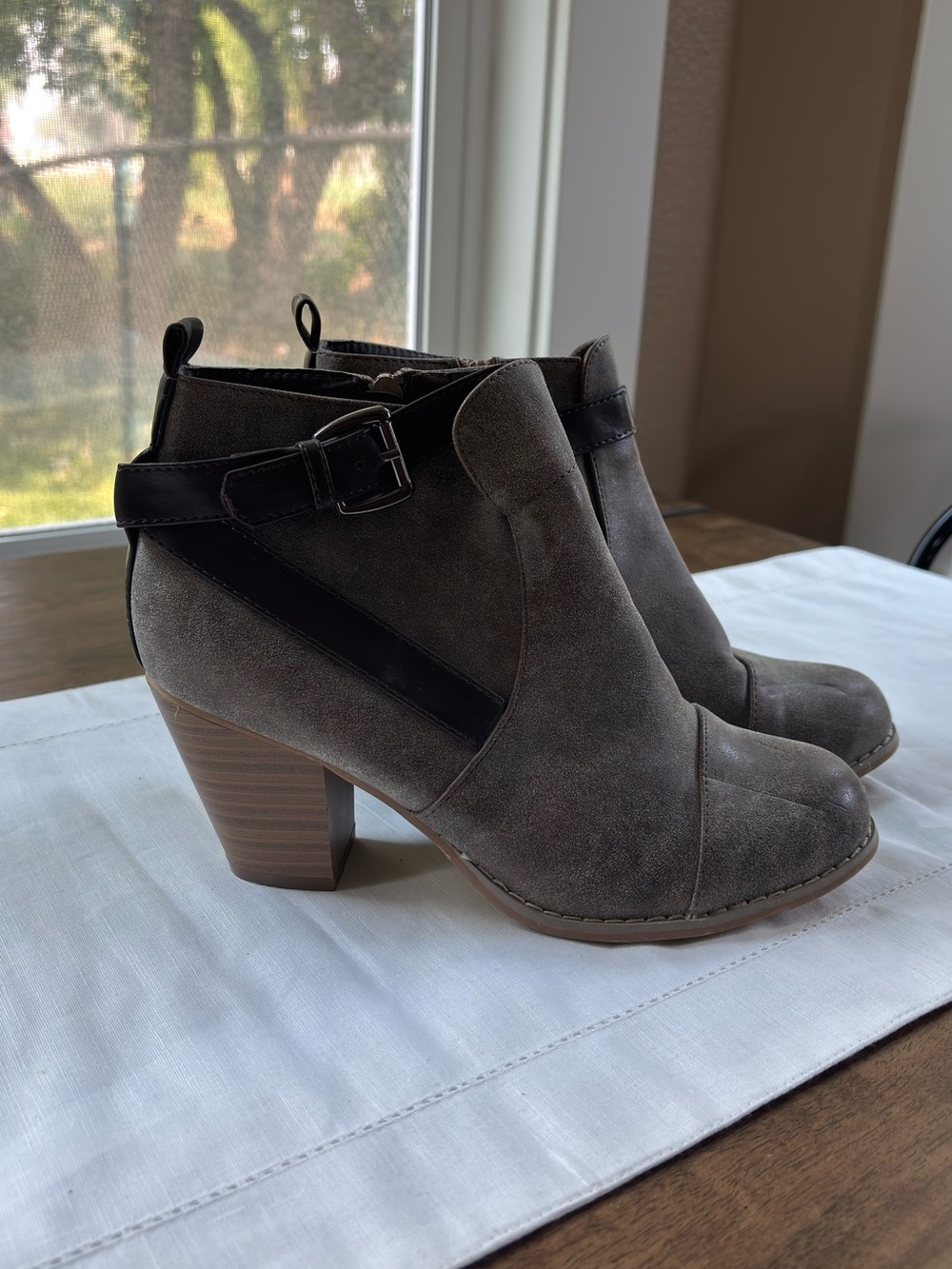 Charles Albert Taupe Suede Ankle Booties with Black Buckle Strap